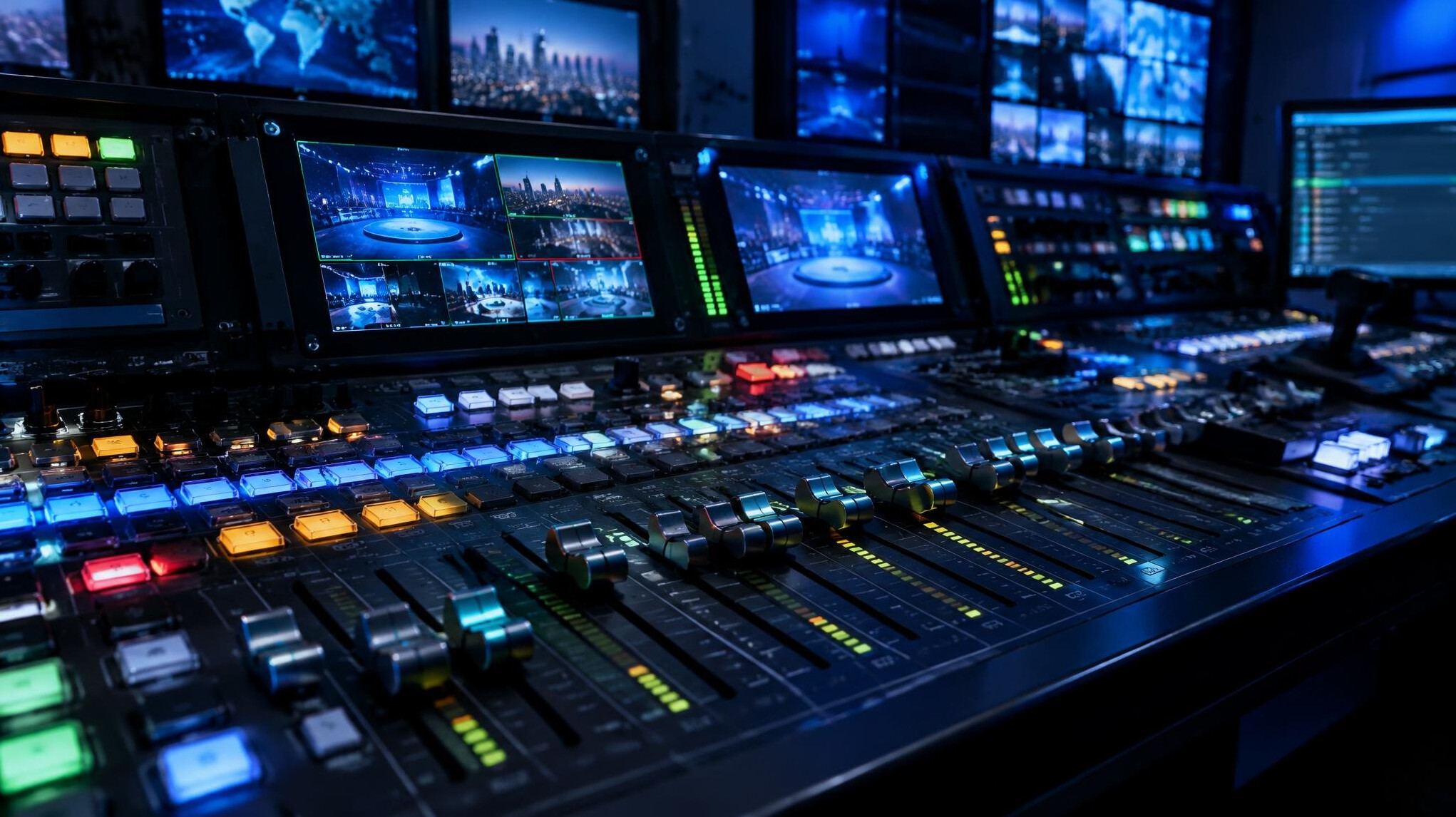 Detailed view of a broadcast mixing console with sliders and buttons