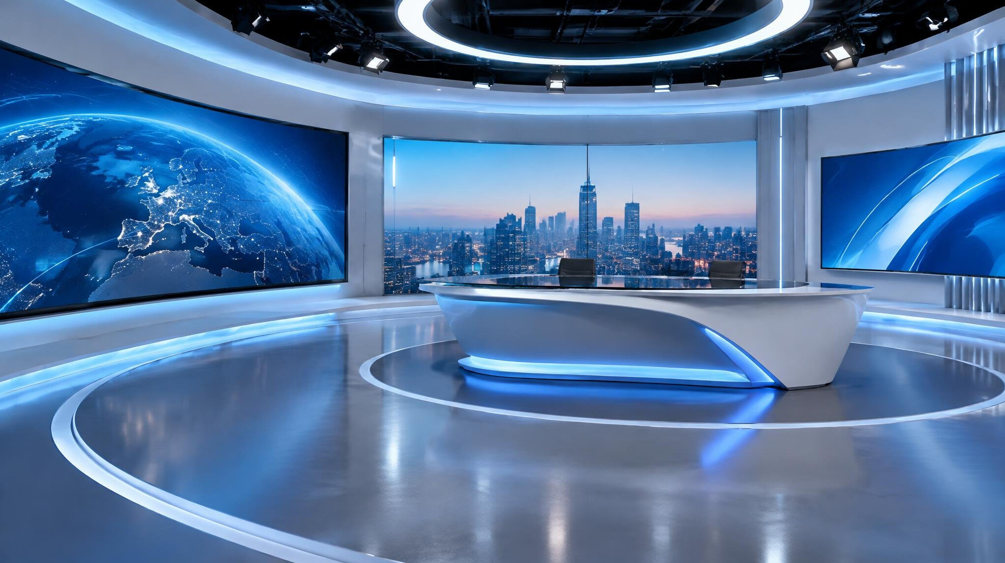 Ultra modern digital television studio with sleek monitors