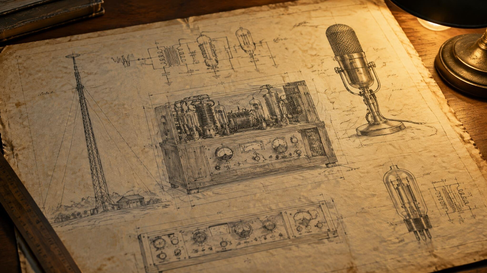 Archival technical blueprint diagram of early broadcasting equipment