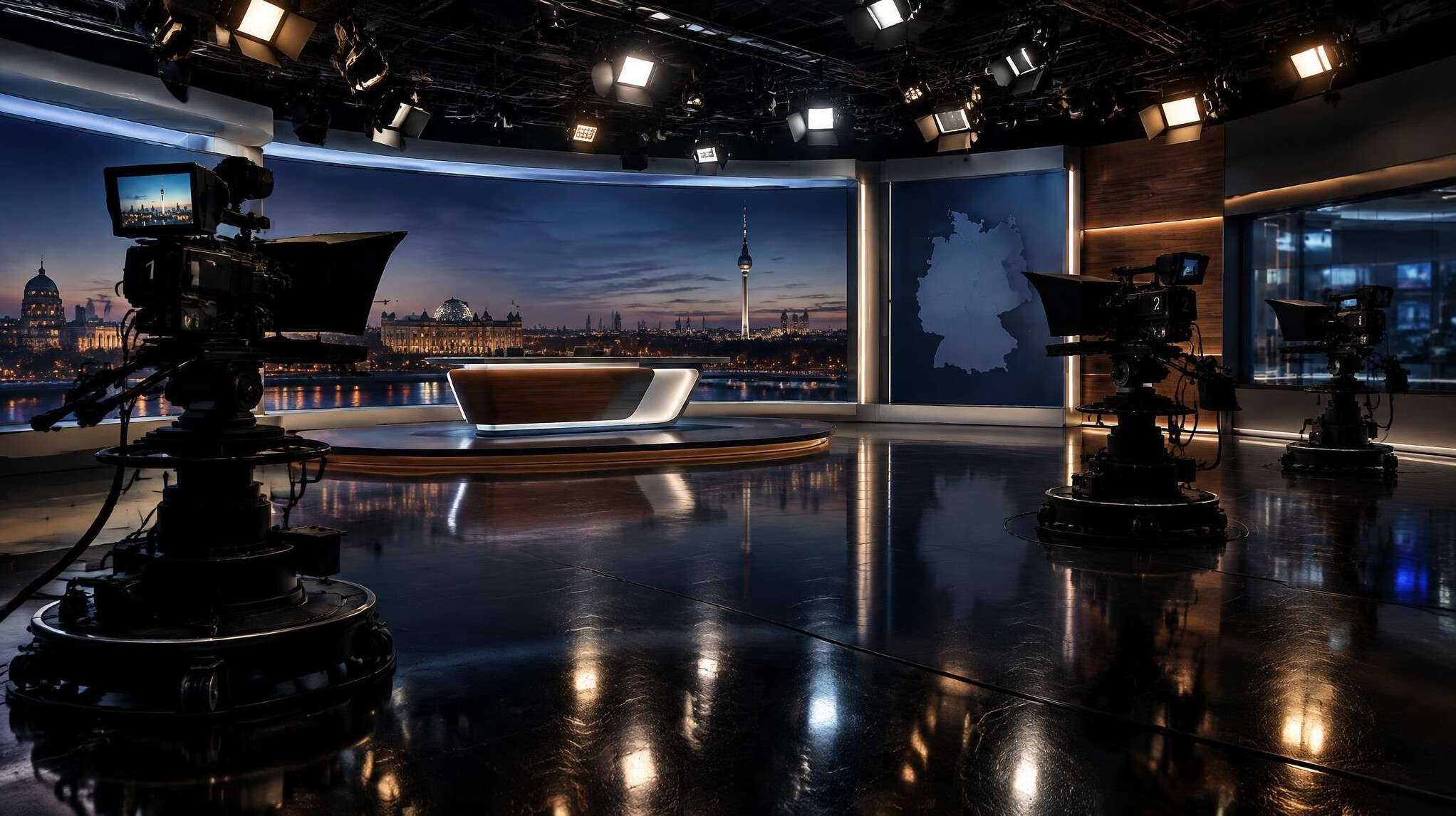 Dramatic television broadcast studio with cameras and lighting rigs