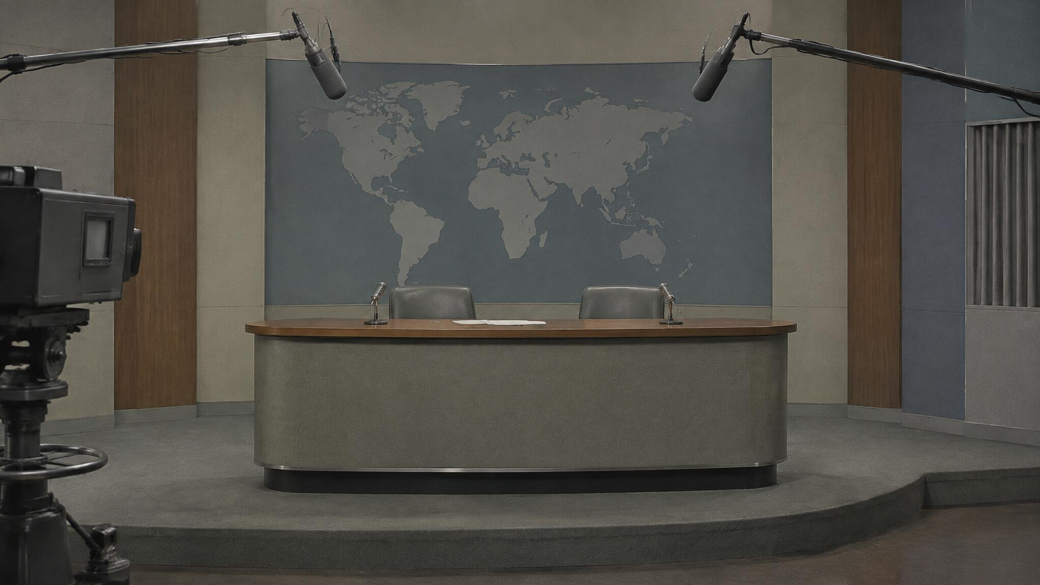 Mid century public broadcasting studio with microphones and desk