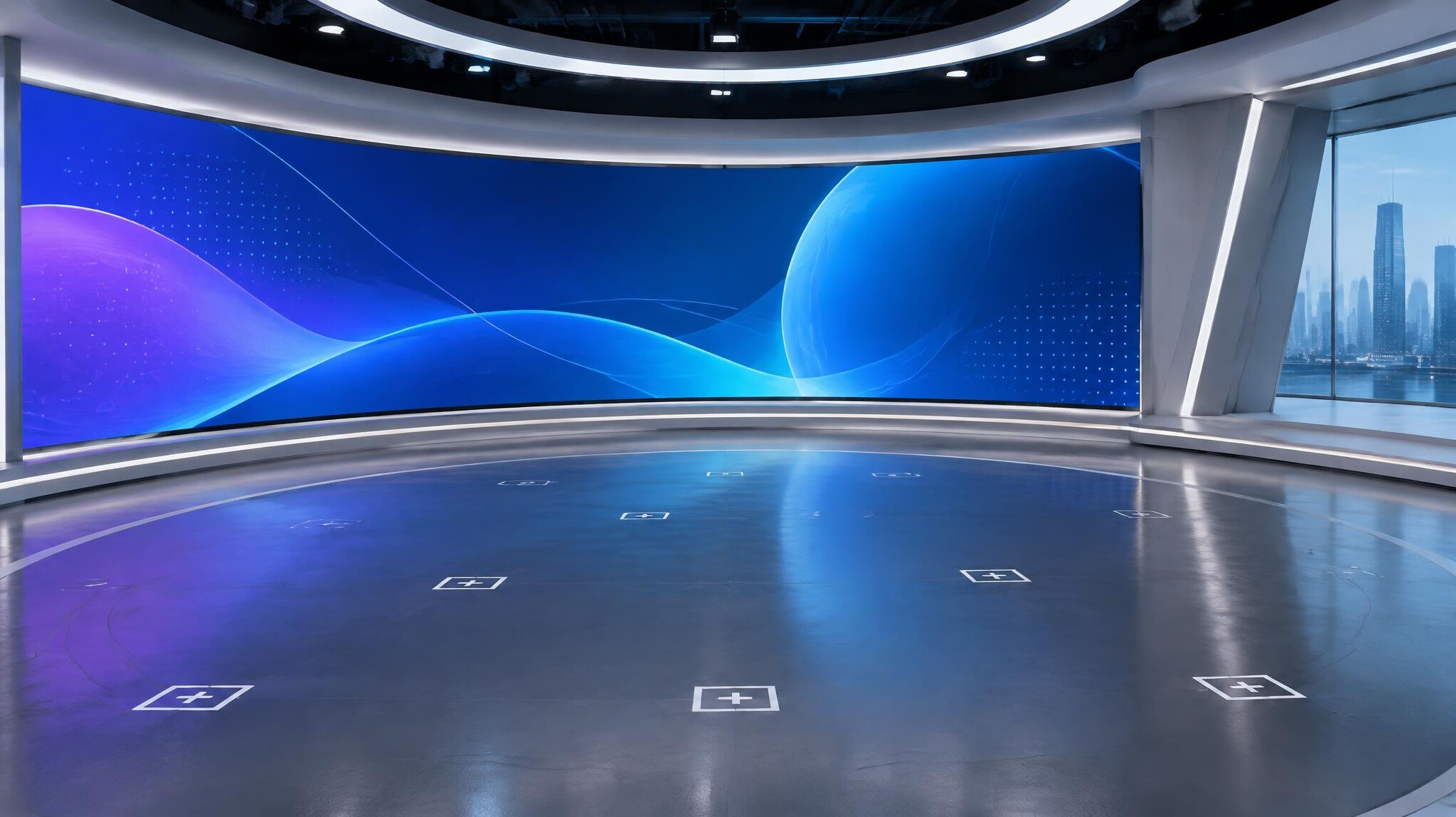 Modern virtual television studio with LED panels and green screen