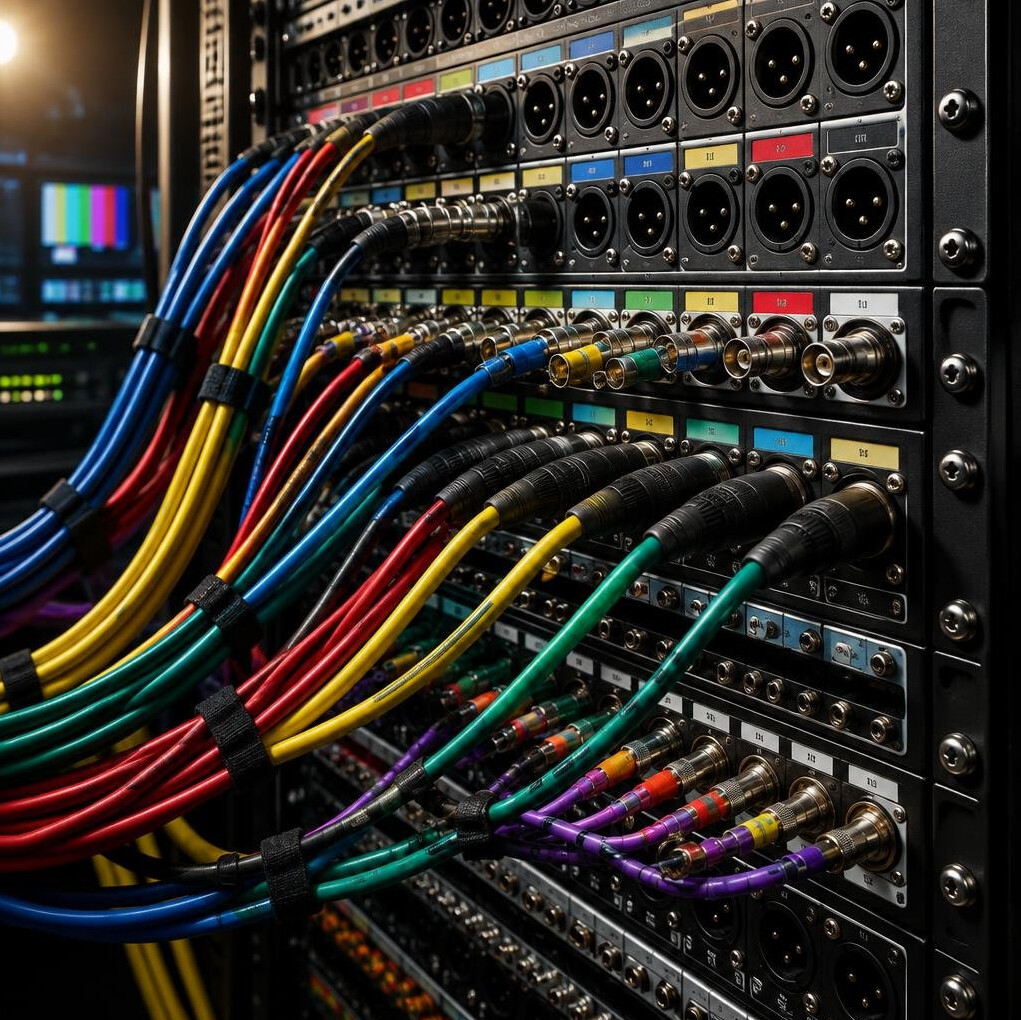 Close-up of tangled broadcast cables and a patch panel