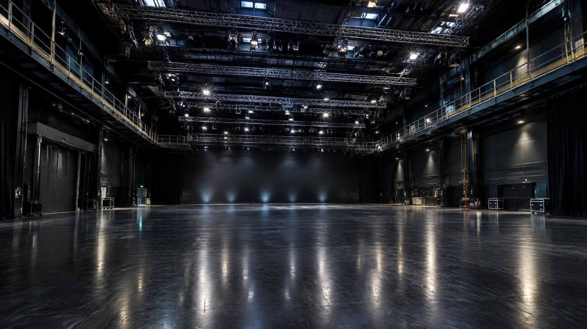 Wide architectural view of a large broadcast studio interior